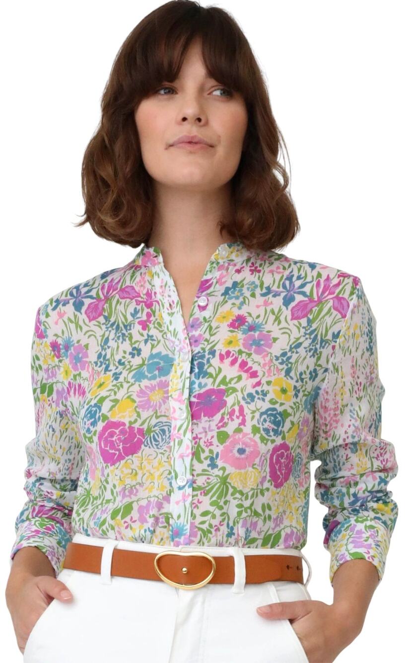 Banjanan White Alfreda Cotton Floral Print Button Down Shirt